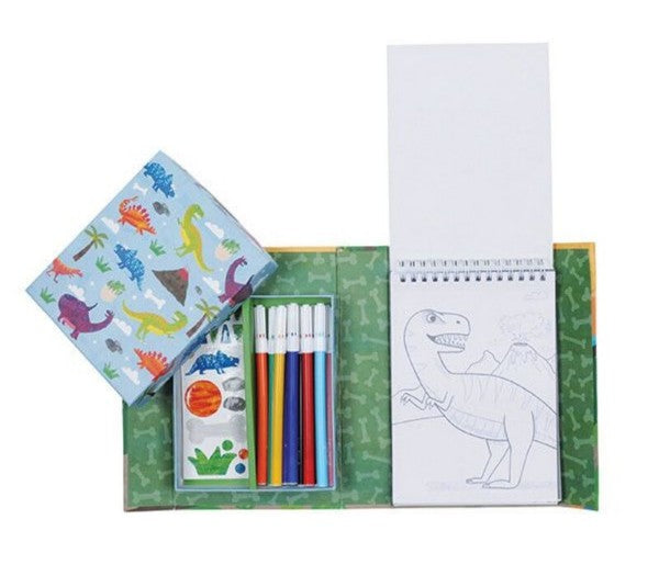 Blue dinosaur art kit with colorful markers, stickers, and a T-Rex spiral coloring pad in a patterned box.