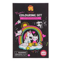 Black box for Tiger Tribe colouring set featuring neon pink and yellow unicorn and rainbow illustrations.