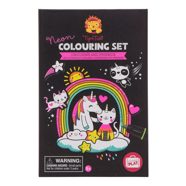 Black box for Tiger Tribe colouring set featuring neon pink and yellow unicorn and rainbow illustrations.