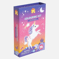 Purple and pink gradient box for a unicorn colouring set featuring a white unicorn jumping over a castle under the stars.