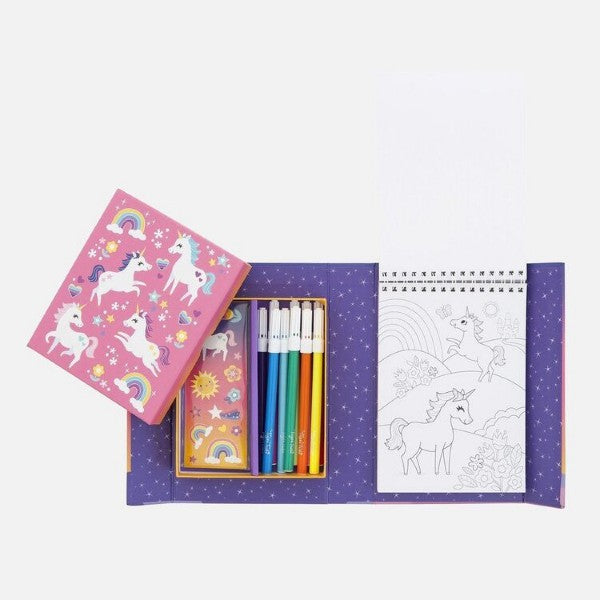 Open pink unicorn activity set showing colorful markers, stickers, and a notepad with line drawings to color.