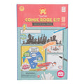 Pink and blue Comic Book Kit box featuring colorful superhero and alien illustrations with comic book sound effect bubbles.