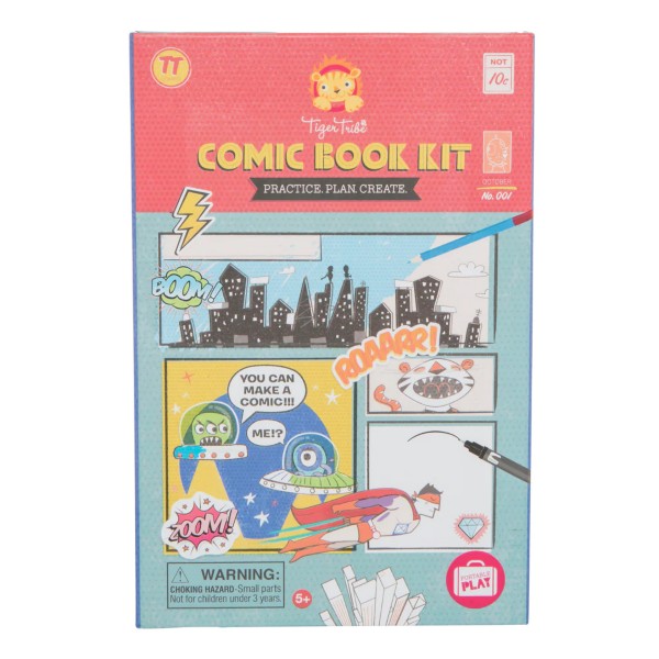 Pink and blue Comic Book Kit box featuring colorful superhero and alien illustrations with comic book sound effect bubbles.