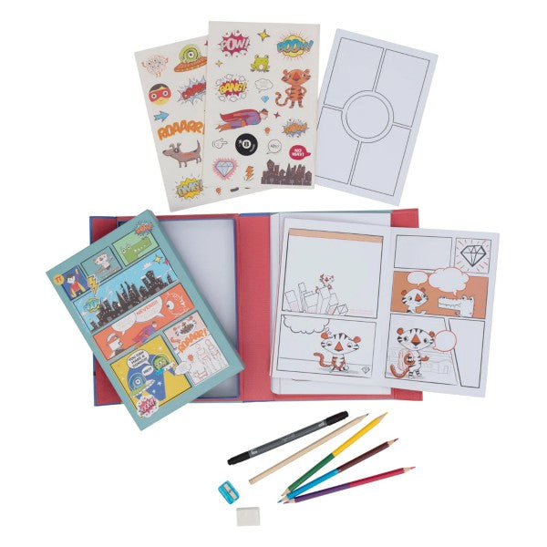 Open art set with illustrated stickers, comic panel templates, colored pencils, a black pen, sharpener, and eraser.