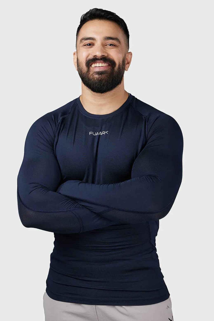 Navy Compression 2.0 Full Sleeves T-Shirt by Fuaark NZ, made of stretchy, athletic fabric for active wear and comfort.