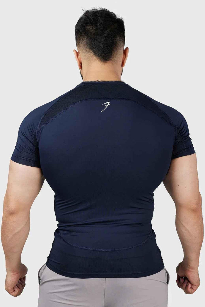 Navy Compression 2.0 T-shirt by Fuaark Nz, designed for athletic fit with moisture-wicking fabric and sleek style.