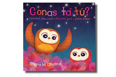 Children's book cover featuring an orange owl and a red owl against a starry night sky with pink and purple clouds.