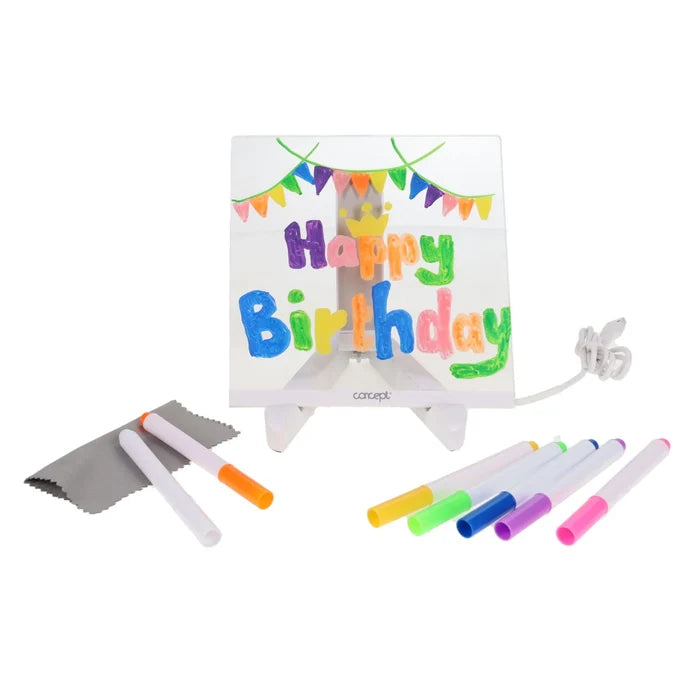 Acrylic LED board with colorful Happy Birthday art, white stand, 7 markers, cleaning cloth, and USB cable.