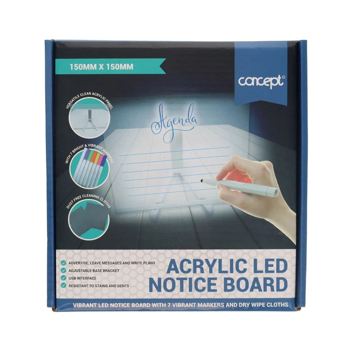 Square blue box for an acrylic LED notice board showing a hand writing on a glowing panel, markers, and cleaning cloths.