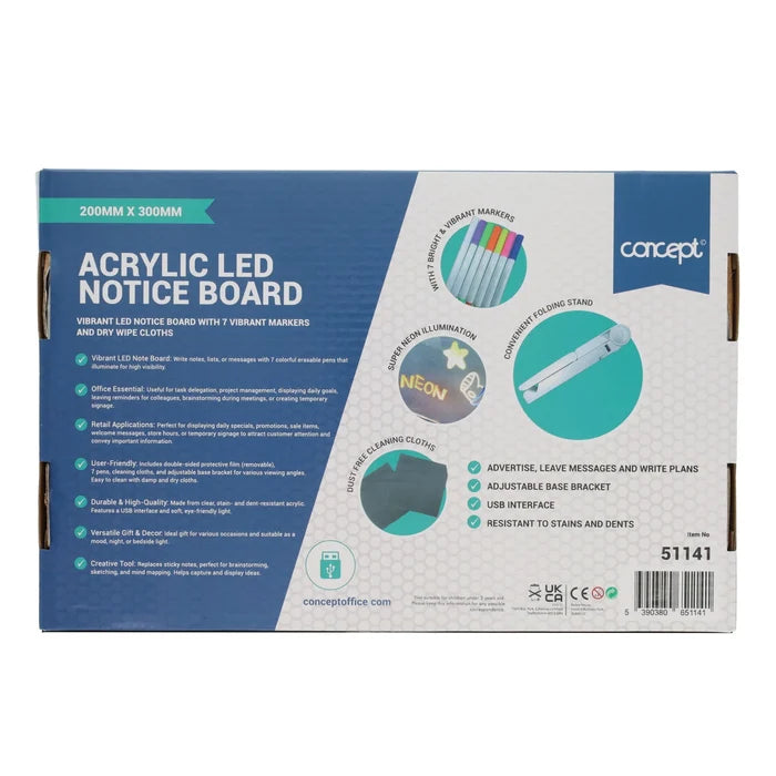 Blue and white box for an acrylic LED notice board showing 7 colorful markers, a folding stand, and glowing neon art.