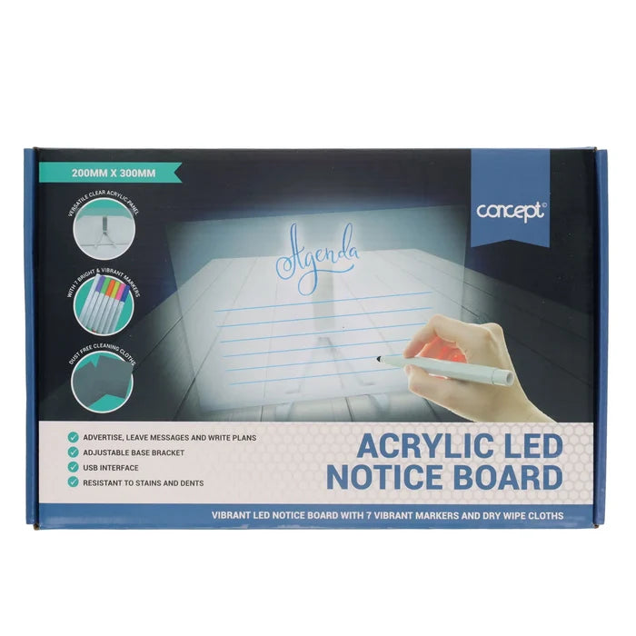 Blue box for a 200x300mm acrylic LED notice board showing a hand writing on its glowing blue screen and 7 markers.