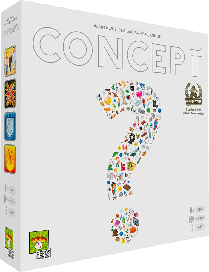White board game box with gray outlined text and a large question mark graphic composed of tiny multicolored icons.