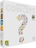 White board game box with gray outlined text and a large question mark graphic composed of tiny multicolored icons.