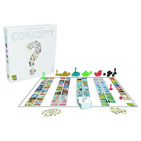 White Concept game box and board with colorful icon tiles, plastic question mark markers, and cards.