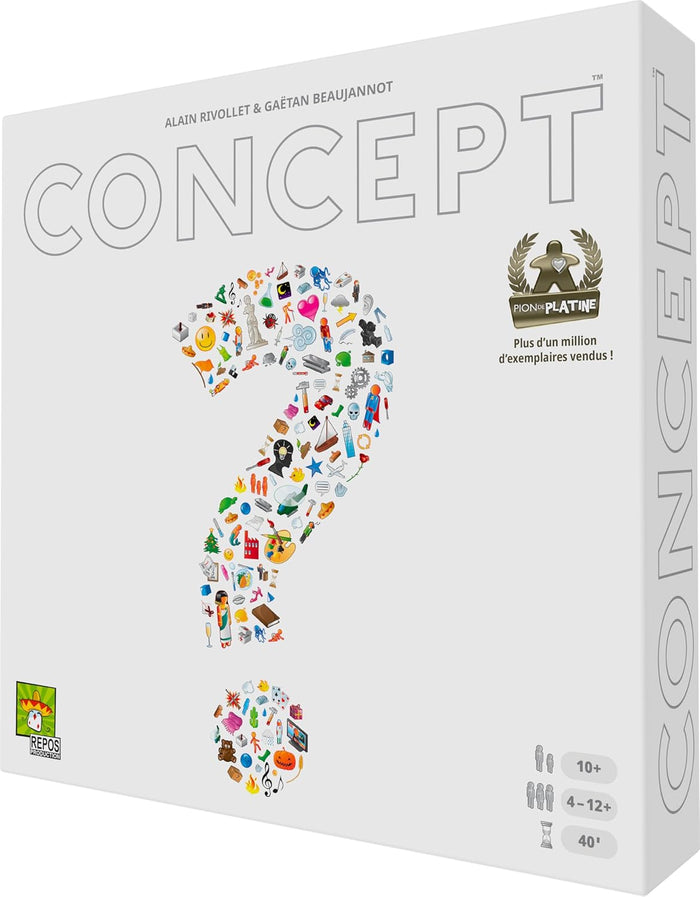 White board game box with the title Concept and a large question mark composed of various small, colorful icons.