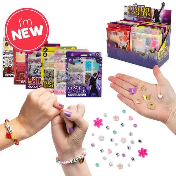 Jewelry kits with colorful beads, letter charms, and hands wearing bracelets shown next to a retail display stand.