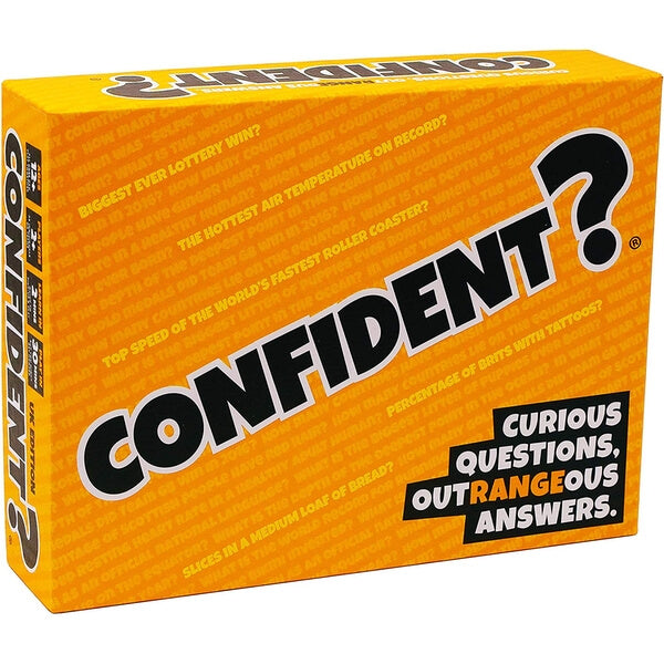 Bright yellow board game box featuring large black CONFIDENT? text over a pattern of orange trivia questions.
