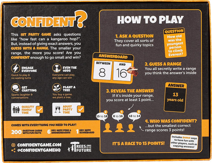 Back of the black and orange Confident? game box with 4-step instructions, example answer boards, and listed contents.
