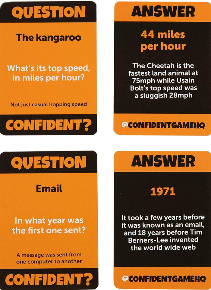 Orange and black trivia cards showing questions and answers about kangaroo top speed and the invention of email.