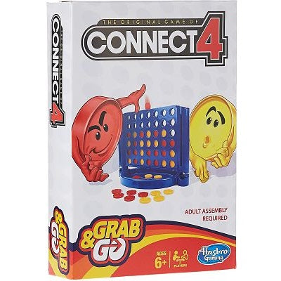 Connect 4 Grab and Go box showing red and yellow disc characters and a blue vertical grid on white packaging.