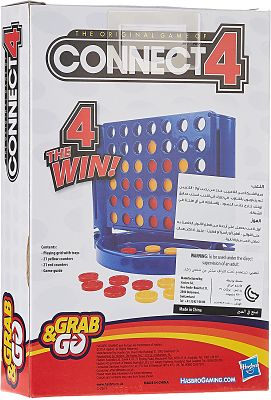 White retail box showing a blue vertical game grid, red and yellow counters, and Grab & Go logo with bilingual text.