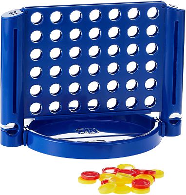 Blue plastic travel game grid standing on its base with a pile of red and yellow discs in front.
