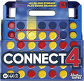 Blue Connect 4 grid game with red and yellow discs, featuring built-in score trackers and the Hasbro Games logo.