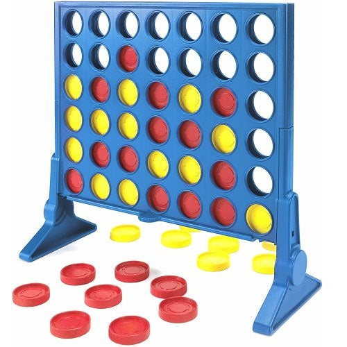 Blue upright game grid with red and yellow circular tokens inside and extra pieces scattered around the base.