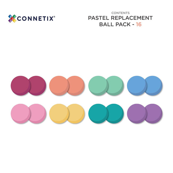 16 pastel replacement balls in 8 pairs of colors: pink, peach, mint, blue, light pink, yellow, teal, and purple.