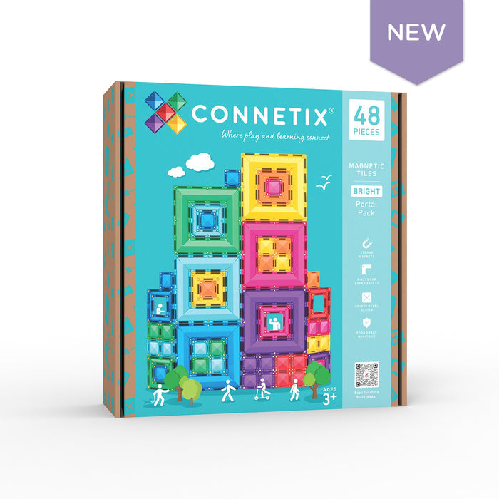 Light blue box for a 48-piece magnetic tile set featuring a tall, colorful tower build and white figure silhouettes.