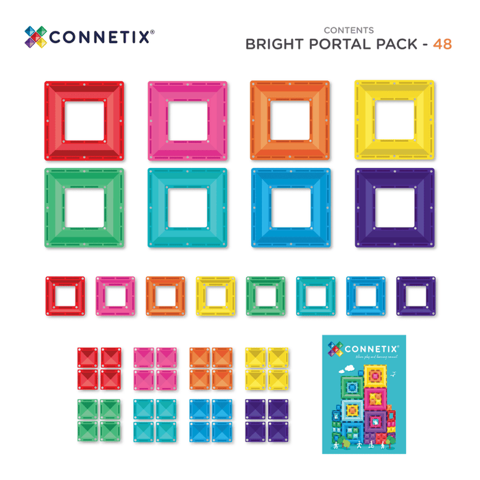 48 magnetic tiles in 8 rainbow colors: 8 large frames, 8 small frames, and 32 solid squares with an idea booklet.