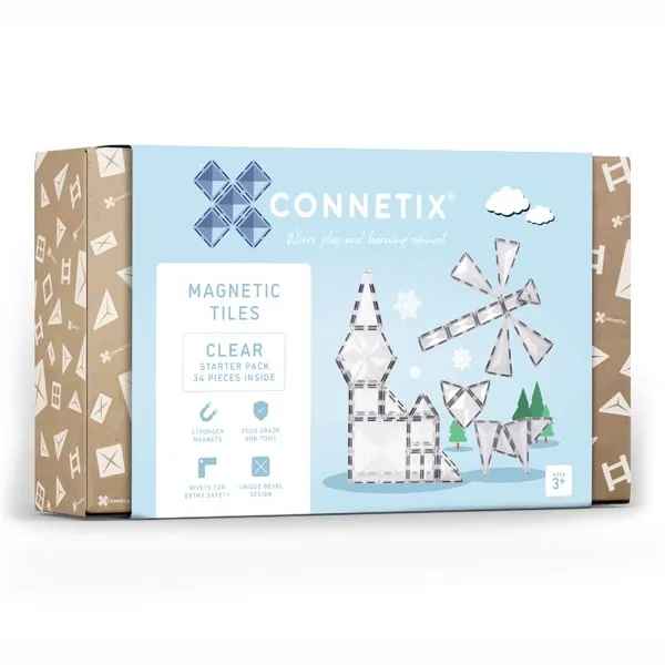 Light blue box of clear magnetic tiles featuring illustrations of a tower and windmill built from 34 pieces.