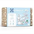 Light blue box of clear magnetic tiles featuring illustrations of a tower and windmill built from 34 pieces.