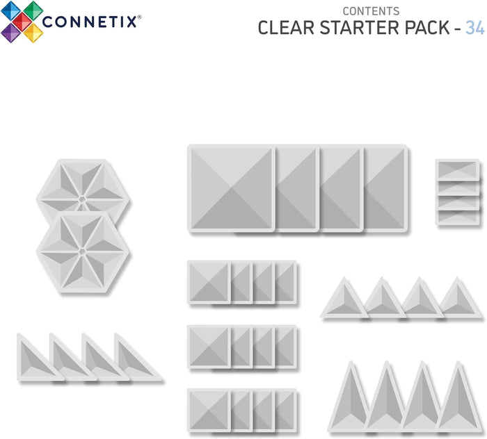 34 clear, faceted magnetic tiles in geometric shapes like hexagons, squares, and triangles on a white background.