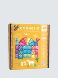 Yellow box for 48 magnetic tiles featuring a rainbow-colored glitter castle build and white character silhouettes.