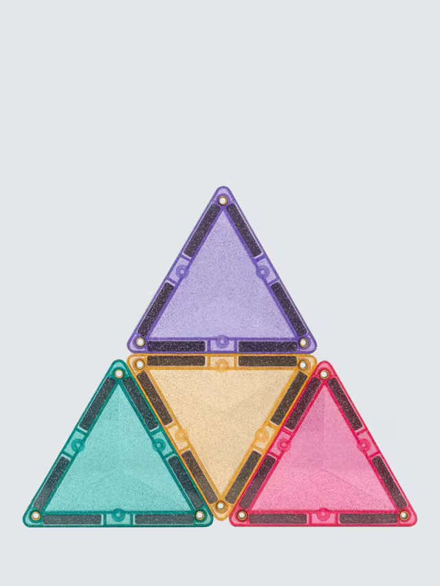 Purple, teal, pink, and yellow glitter magnetic triangle tiles joined together to form one large triangle.
