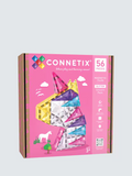Pink box for 56 magnetic tiles featuring a unicorn head built from translucent, glittery, colorful building shapes.