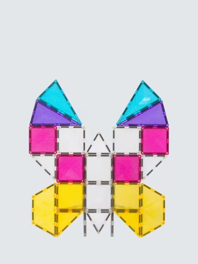 Magnetic tiles in glittery blue, purple, pink, and yellow arranged into a butterfly shape on a white background.