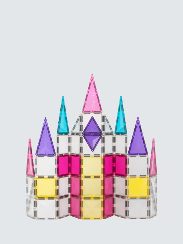 Translucent pink, purple, blue, and yellow glitter magnetic tiles built into a multi-tower castle structure.