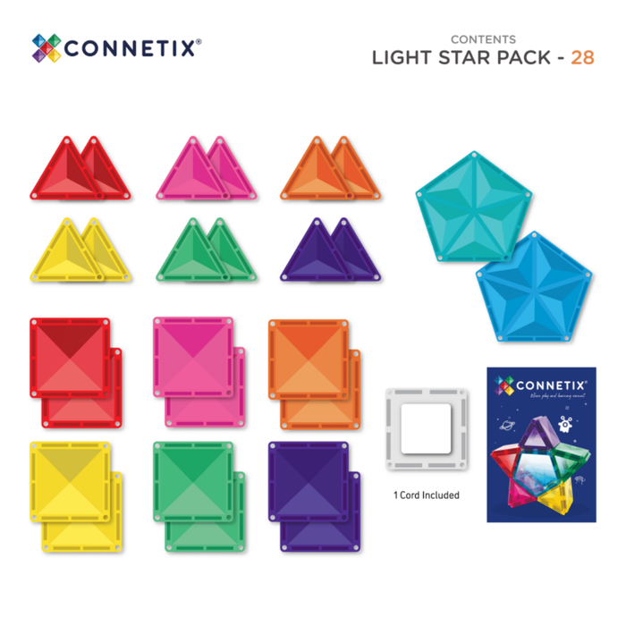 28-piece set of colorful magnetic triangles, squares, and pentagons with a light unit, cord, and idea booklet.