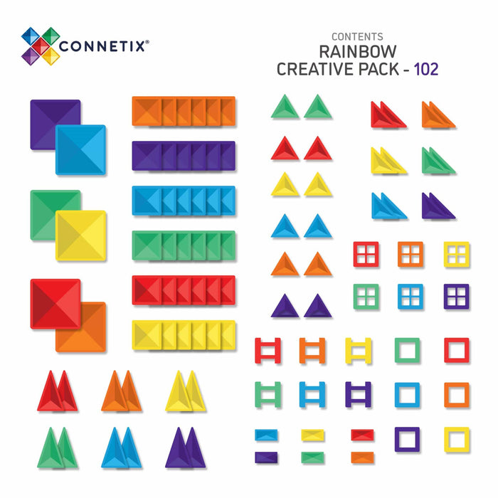 102 rainbow magnetic tiles in various shapes like squares, triangles, and frames neatly organized on white.