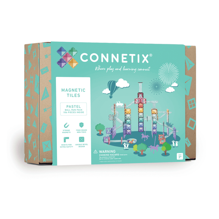 Teal box for a 106-piece pastel magnetic tile ball run set featuring an illustrated tall tower with tiles and tubes.