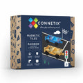 Navy box for Connetix magnetic tiles featuring transparent blue and yellow car bases on an illustrated road with a flag.