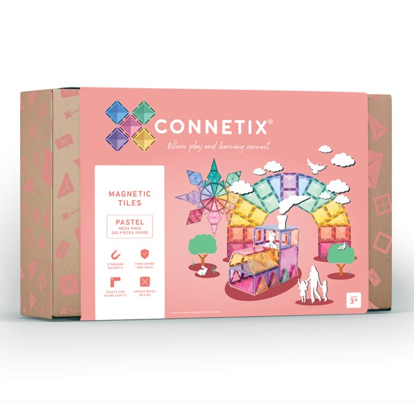 Pink box for 202 pastel magnetic tiles featuring colorful builds including a rainbow arch and starburst design.