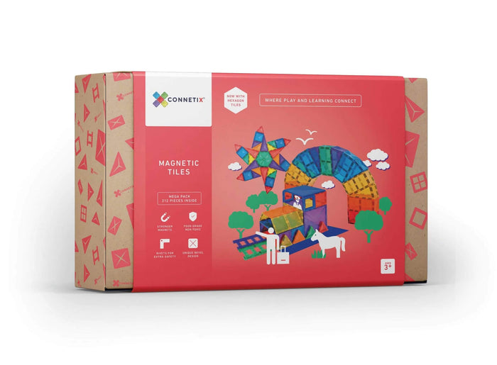 Red Connetix magnetic tiles Mega Pack box featuring colorful builds like a rainbow arch, star, and train.
