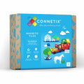Blue box for Connetix 24-piece Motion Pack showing a colorful magnetic tile truck and trailer on a farm background.