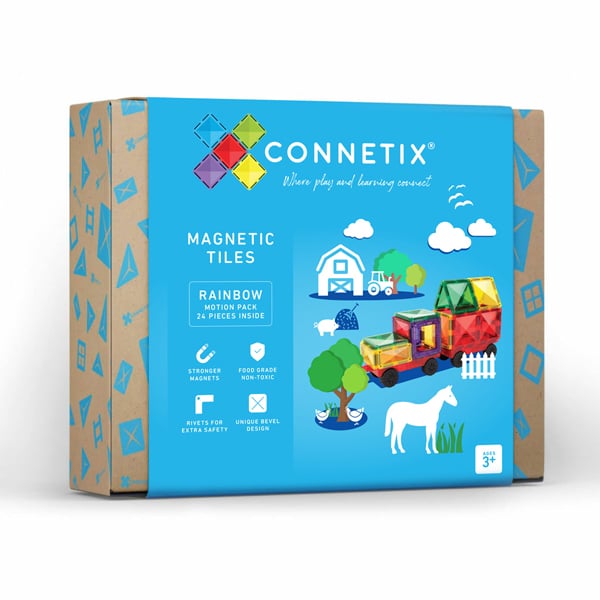 Blue box for Connetix 24-piece Motion Pack showing a colorful magnetic tile truck and trailer on a farm background.