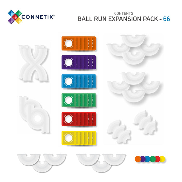 Clear curved tubes, colorful magnetic tiles with circular holes, and six wooden balls on a white background.