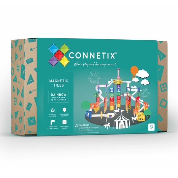 Teal box for Connetix 92-piece ball run featuring a colorful illustration of a tall magnetic tile tower and tracks.