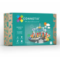 Teal box for Connetix 92-piece ball run featuring a colorful illustration of a tall magnetic tile tower and tracks.
